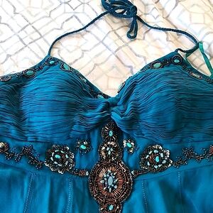 Beaded turquoise silk cache dress size 12